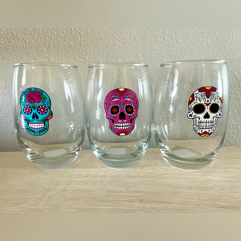 Set of three Day of the Dead Dia de los Muertos wine glasses (stemless)